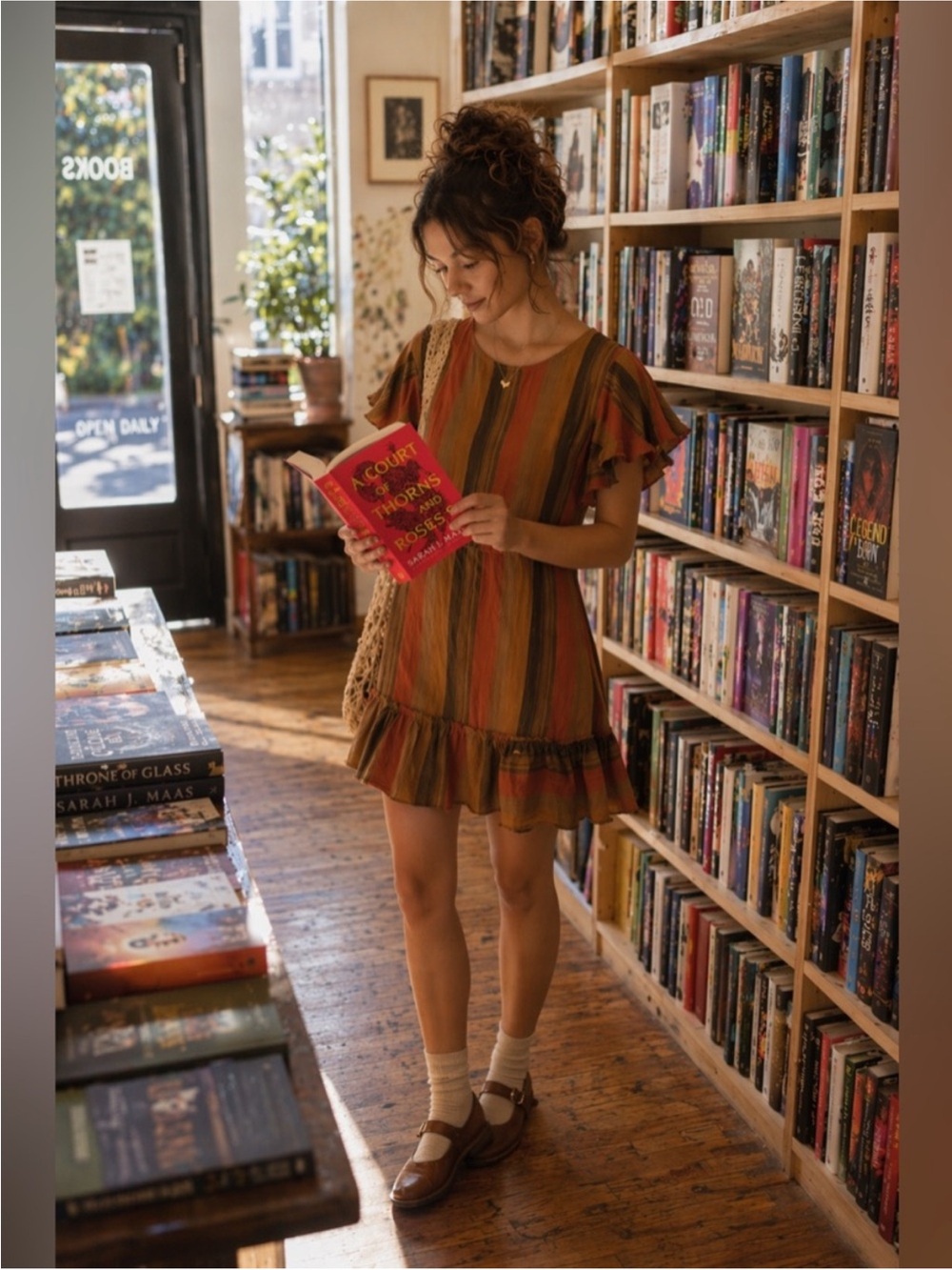 Mustard Seed Orange Brown Stripe Ruffle Mini Dress 70s Boho Retro